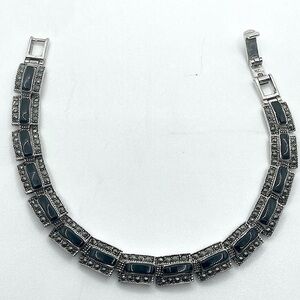 Vtg Sterling Onyx & Marcasite Link Bracelet Bracelet 7”